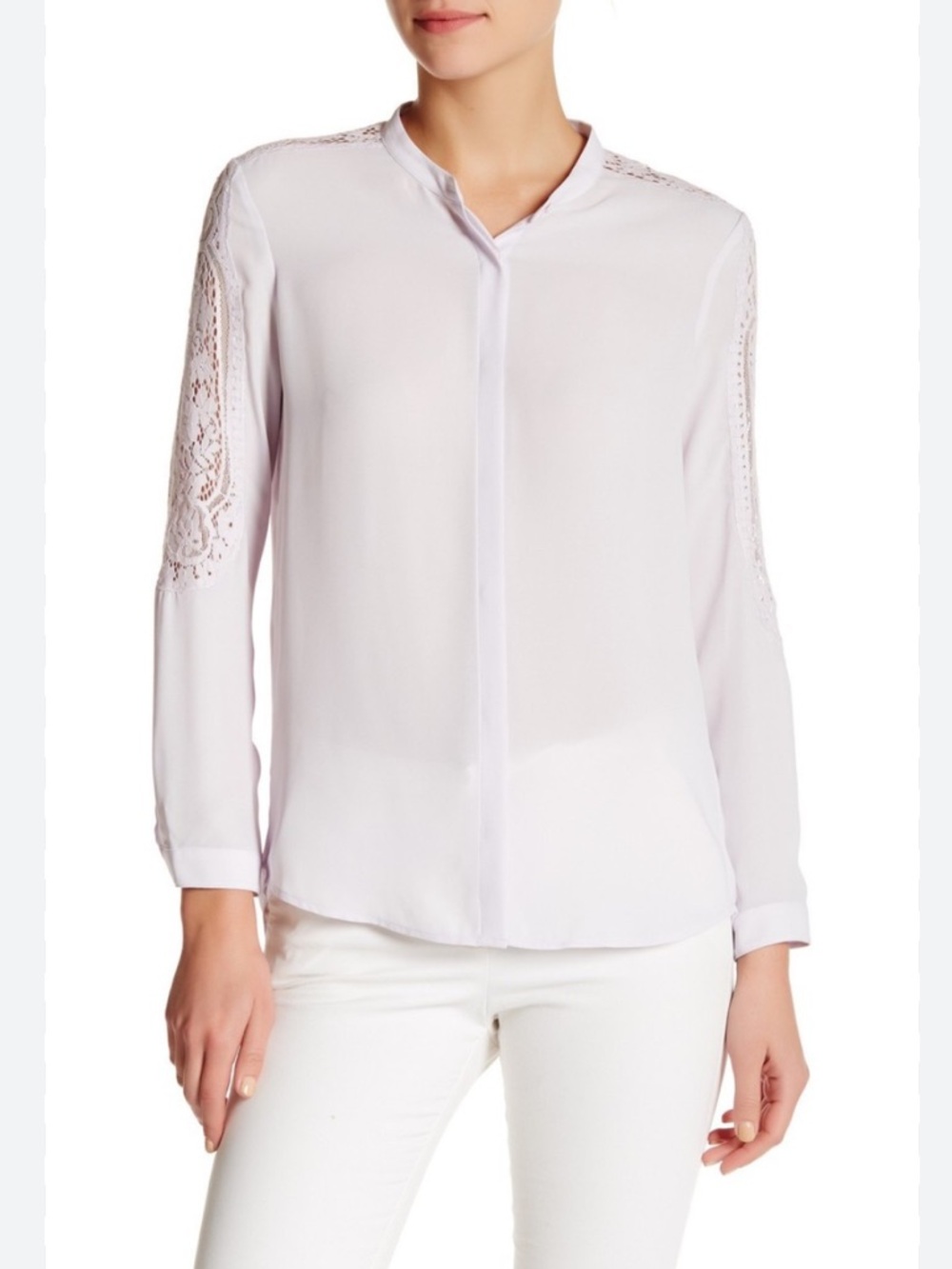 The Kooples Lace Trim Sleeve Collarless Button-Down Blouse Pale Lavender Small